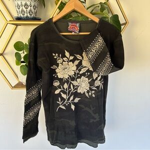 Johnny Was Floral Embroidered Camo Top